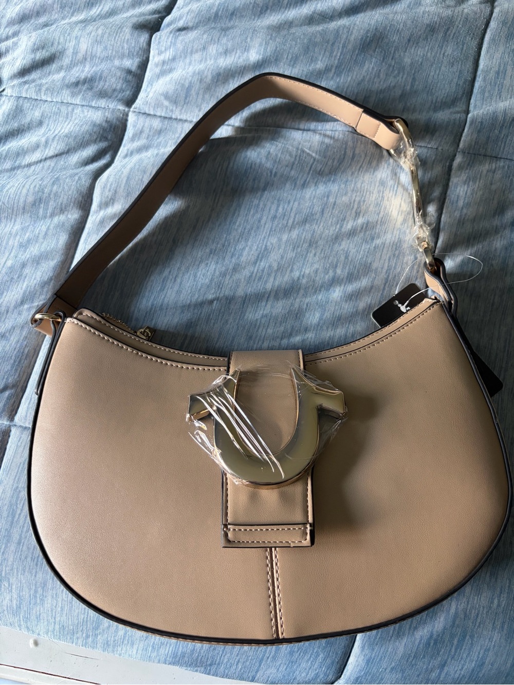 Beige True Religion Shoulder Bag with Signature Horseshoe Hardware